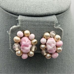 Vintage Oval Pink Faux Marble Beaded Clip On Earrings with Faux Pearls